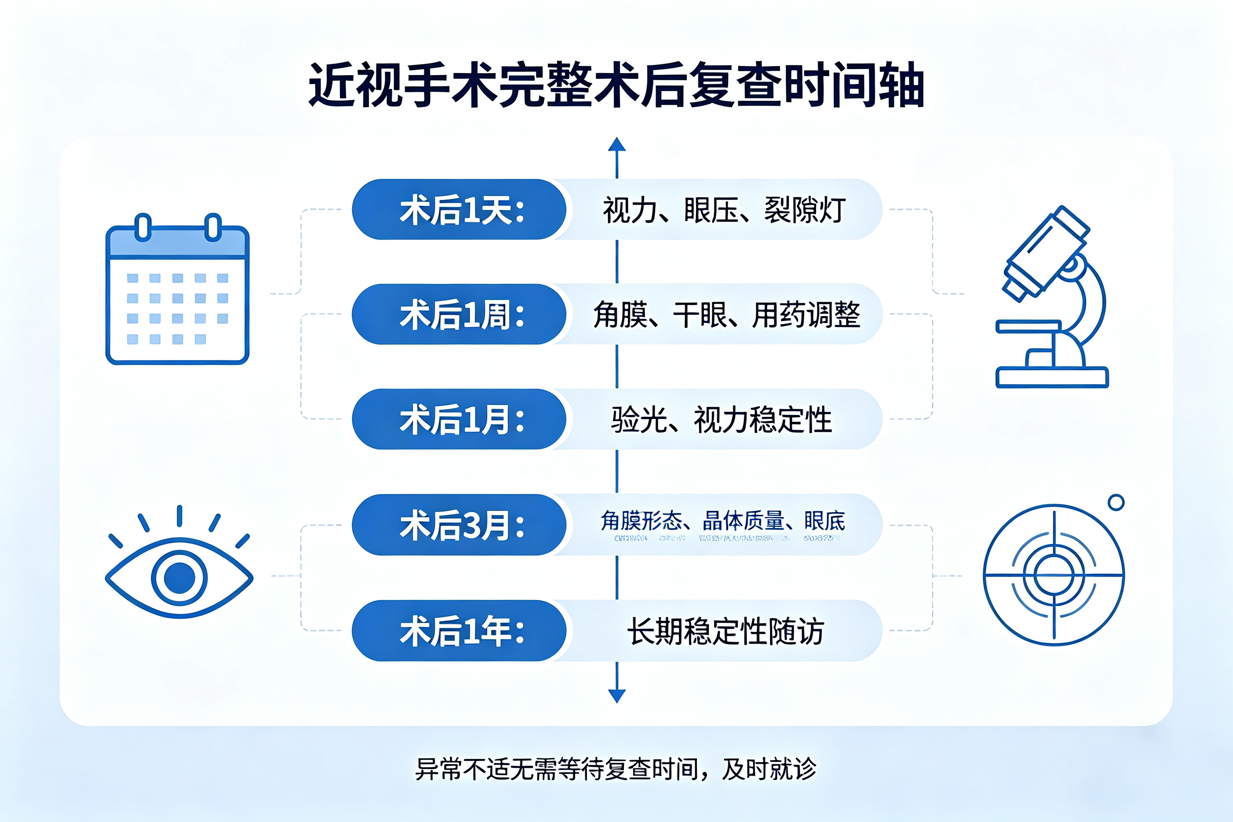 近视手术术后复查时间表，每次复查重点看什么